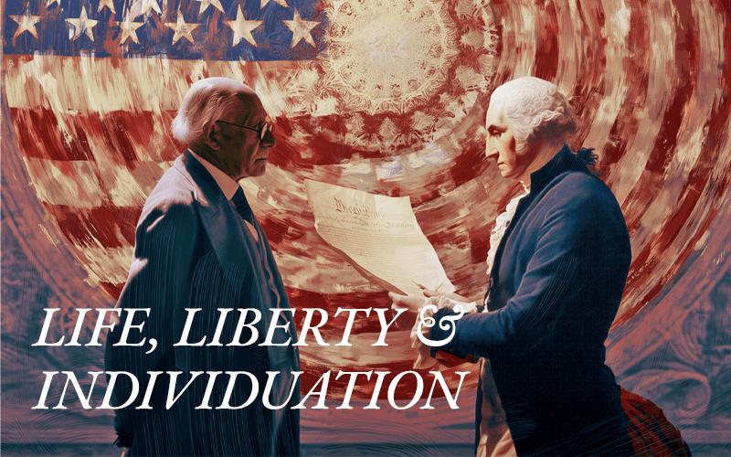 Jung is shown reading the Declaration of Independence with Thomas Jefferson, in front of a US flag.