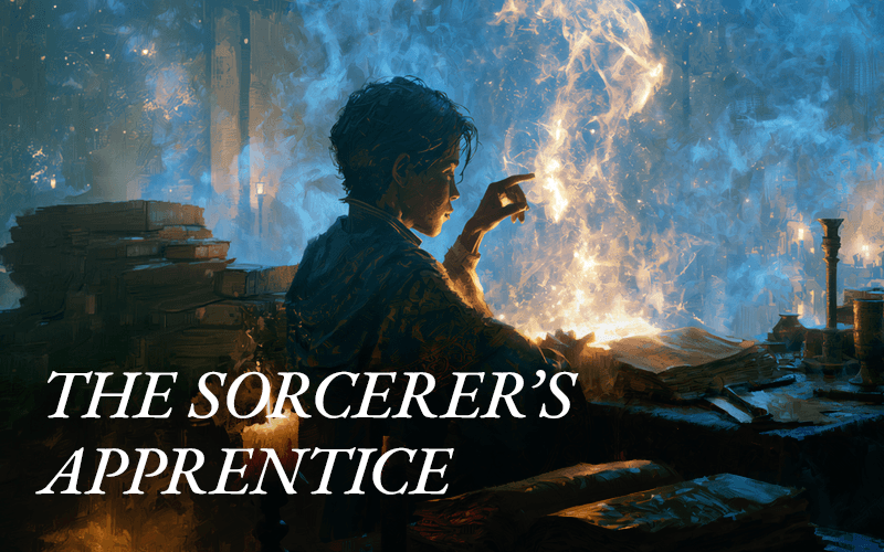 A sorcerer's apprentice is shown casting a spell