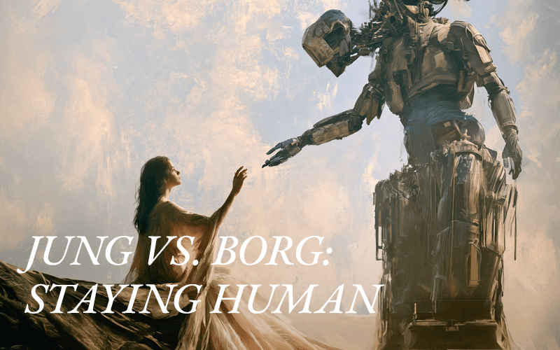 A woman is shown touching the hand of a robot, illustrating the themes of Glen Slater's book, Jung vs. The Borg