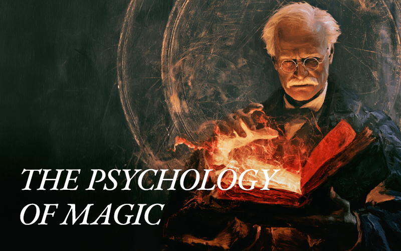 Jung holds a copy of his Red Book in flames, illustrating the theme of the psychology of magic.